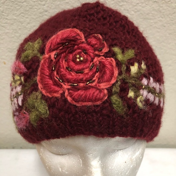 FRENCH KNOT WOOL Josephine Cloche Burgundy Floral Knit Beanie.Hand Embroidered - Picture 7 of 11